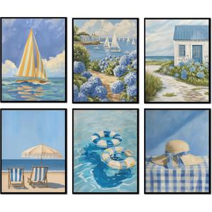 6Pcs Coastal Canvas Wall Art Blue Seaside Beach Posters Prints Nautical Ocean Sailboat Hydrangea Pictures Paintings Wall Decor for Girls Bedroom Dorm Apartment Home Decoration 8''x10'' Unframed