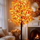 Agusbagli 7FT 128LED Lighted Maple Tree Thanksgiving Decorations with Timer 8 Modes Dimmable Artificial Fall Light Up Tree with 256 Leaves 32 Acorns for Harvest Indoor Outdoor Decor