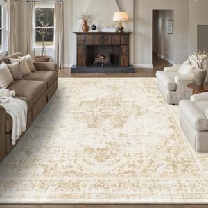 8x10 Vintage Washable Area Rugs Boho Medallion Large Distressed Retro Accent Carpet Floral Non-Slip Soft Low Pile Indoor Throw Rug for Living Room Bedroom Dining Room Office Kitchen, Beige