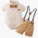 YUEMION Infant Baby Boy Clothes Gentleman Outfits Suits Summer Short Sleeve Bowtie Bodysuit Shirts + Suspender Shorts (9-12M)