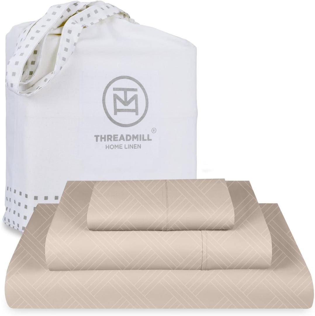 Threadmill Twin Sheets for Mattress | 800 Thread Count Jacquard Celine Light Beige | 100% Cotton 3 Piece Bed Set | Extra Long Staple | Deep Pocket With Elasticized Fit