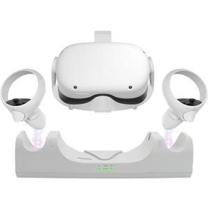 VR Charger Dock for Quest 2 Accessories, Station Stand for Charging Meta/Oculus Quest 2 Controller Headset with Elite Strap Attached (Includes 2 x 2100mAh Rechargeable Batteries)