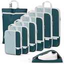 Percover Compression Packing Cubes for Travel, 8-Piece Structured Compression Organizer Set with Laundry Bag & Shoe Bag for Carry-On & Checked Luggage, Peacock Green