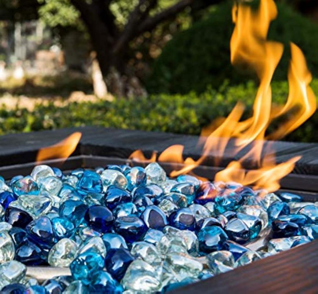 Fire Glass Diamond 1 InchFire Pit Glass Rocks for Propane or Gas Fire Pit 10 Pounds White/Cobalt Blue/Margarita Azura Blue Blend Gift Package