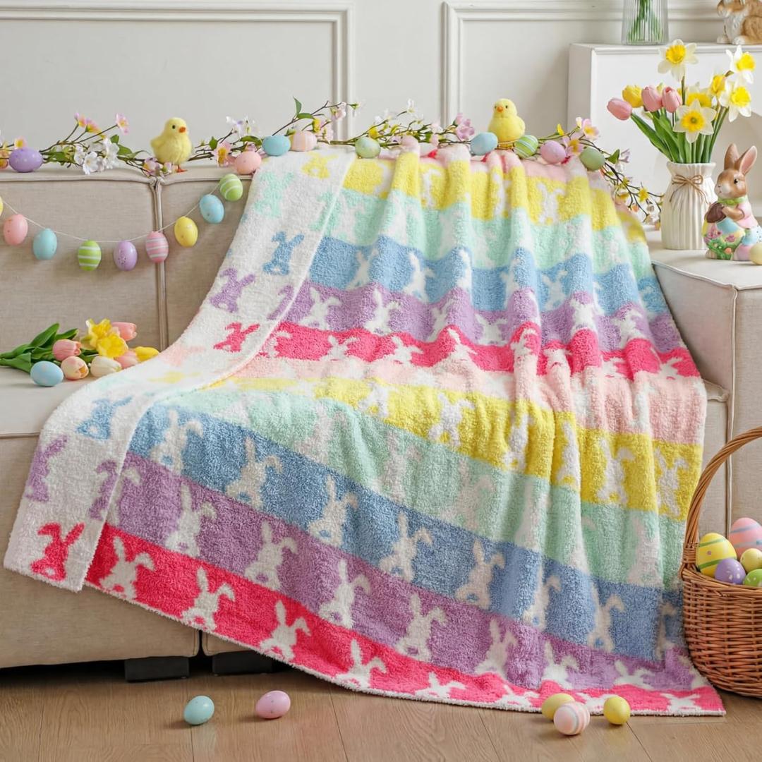 Buryeah Easter Bunny Throw Blanket Spring Reversible Knit Rabbit Blanket Cute Colorful Bunny Easter Decorations for Home Decor Indoor, Spring Soft Gifts 50x60 Inches