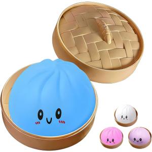 Dumpling Squishies Toy,Mystery Squishy Dumpling Box,Cute Anxiety Relief Fidget Toy,Jumbo Squishy Toy with Steamer Box,Soft Squeeze Decompression Dough for Adults& Kids (Blue)