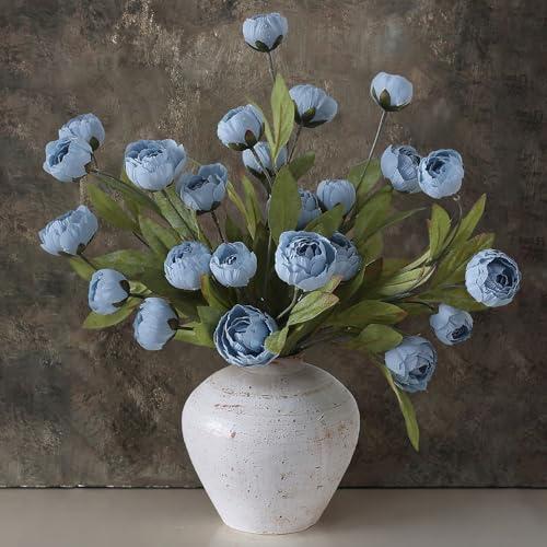 VIERENA 3 Pcs Faux Silk Peony Artificial Flowers for Vase -27", Bulk Fake Peonies Branches with Stems for DIY Bouquet Centerpieces Wedding Fillers Arrangements Shower Decorations (Dusty Blue)