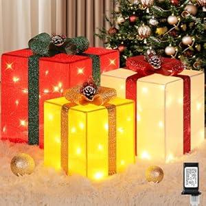 Brightever 3 Pieces Large Gift Boxes for Christmas Decorations Outdoor, 10" 8" 6" with Pre-lit 70 LED Mini String Lights, Plug-in Warm White Present Boxes with Glitter for Christmas Wedding Party