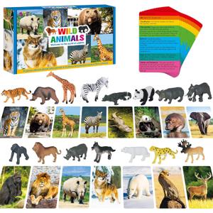 15 PCS Safari Animal Figurines with 15 Introducing Flashcards, Realistic Zoo Animal Figures Montessori Toys Science Educational Matching Game for Homeschool Preschool Toddler Kids