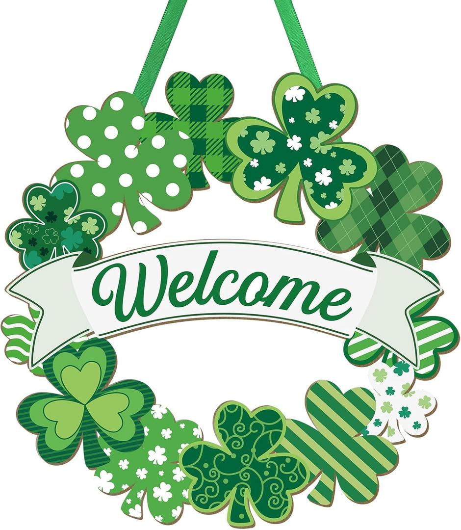 Wooden St. Patrick's Day Decoration Shamrock Door Wreath for Front Door Sign Wall Signs Shamrock Clover Spring Decoration, Irish Sign Welcome Hanging for Home Decor Party Outdoor indoor Supply (Large)