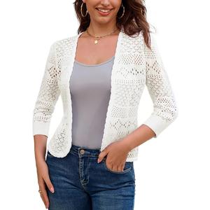 GRACE KARIN Women's 3/4 Sleeve Open Front Cropped Cardigan Summer Lightweight Hollow Out Knit Shrug, Medium 