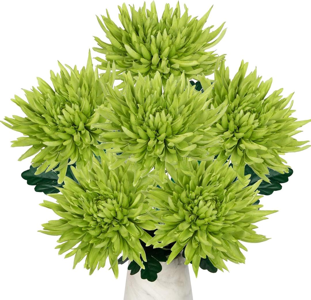 Hollyone 6Pcs Green Artificial Mums Flowers Spring Chrysanthemum Flowers 25.6" Long Stem Faux Spider Mum Flower Large Floral Arrangements Bouquets Fake Pincushion Silk Flower Home Decor