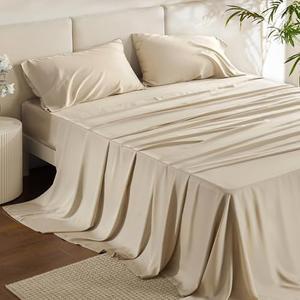 Bedsure King Size Sheet Set 2 Pieces, Cooling Sheets King, Rayon Derived from Bamboo, Deep Pocket Up to 16", Breathable & Soft Bed Sheets, Hotel Luxury Silky Bedding Sheets, Beige
