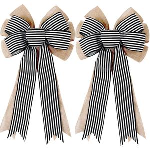 2 Pack Black White Stripe Burlap Fall Bows for Wreaths Decorations,Rustic Farmhouse Crafts Bow Wrapping Tree Topper Wedding Holiday Birthday Party Wall Home Front Door