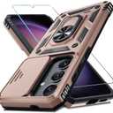 Janmitta Compatible with Samsung Galaxy S25 Plus/S24 Plus Case Built in Slide Camera Lens Cover+Screen Protector+Finger Ring Holder Kickstand,Heavy Duty Shockproof Full Body Phone Cover,Rose Gold