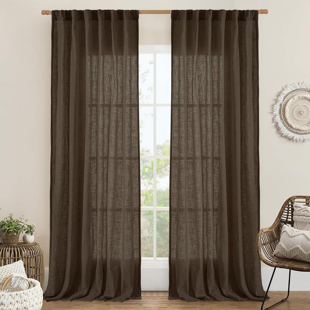 LAMIT 95 Inches Long Linen Curtains for Living Room, Back Tab and Rod Pocket Semi Sheer Curtains Light Filtering Farmhouse Drapes for Bedroom/Dining Room, Dark Brown, Set of 2, 52 x 95 Inch