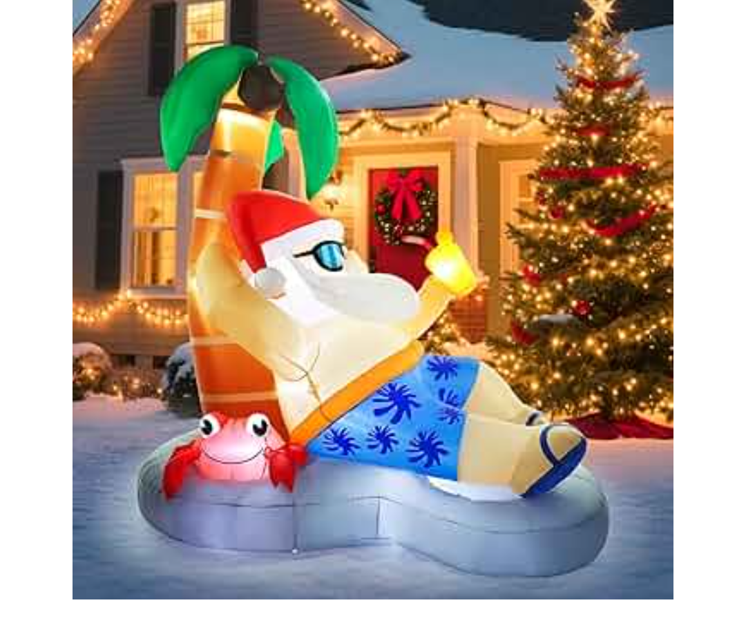 7FT Christmas Inflatable Outdoor Decorations, Hawaiian Santa Claus Cheers Pool Party with Reindeer & Penguin, Blow Up Bathtub Yard Decor with Builtin LED Lights for Holiday Outdoor Indoor