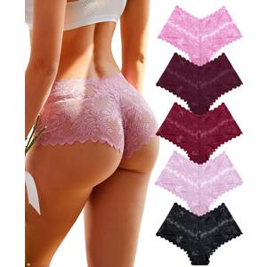 FINETOO 5 Pack Sexy Lingerie Panties for Women Pack V-Waist Lace Womens Underwear French Cut Boyshorts Panty (Black, M)