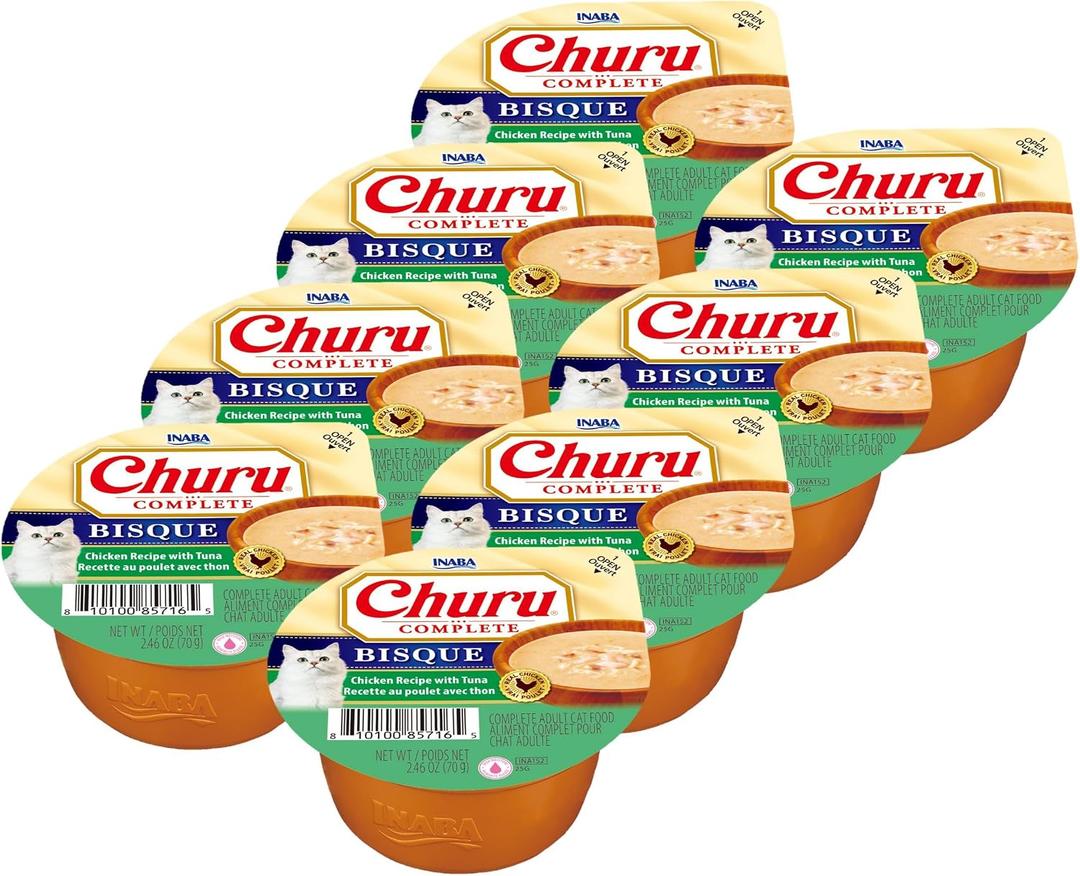 INABA Churu Complete Bisque for Cats, Grain-Free, High Protein & Moisture, Wet Cat Food with Fish Oil, 2.46oz. Cup, 8 Cups, Chicken Recipe with Tuna, EXP: 11/19/2027