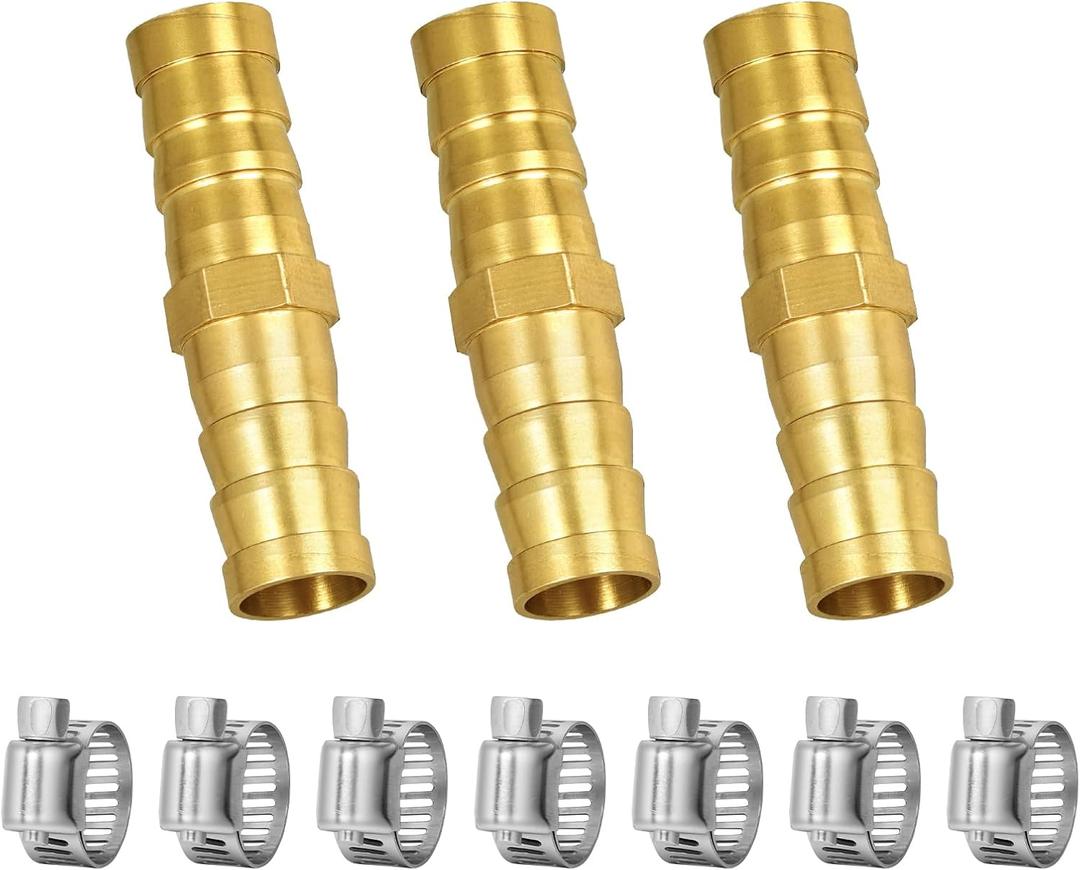 3-pcs 3/8" Hose Barb Fitting, Brass Hose Repair Kit for Fuel Line Connector, Barbed Hoses Mender for Air/Water/Oil/Gas/Pressure Washer/Soaker & Hydraulic Systems Expandable Hoses Repair Kit (2-way-I)