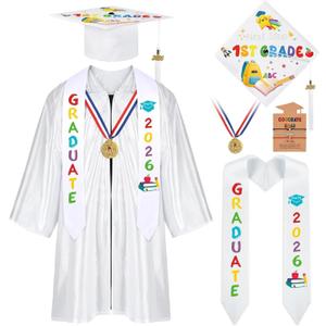 YLOLUL 2026 Kindergarten Preschool Graduation Gown Cap Set Graduation Stole Bracelet Medal Certificate Package Grad Gifts, Small, White Rainbow, 5