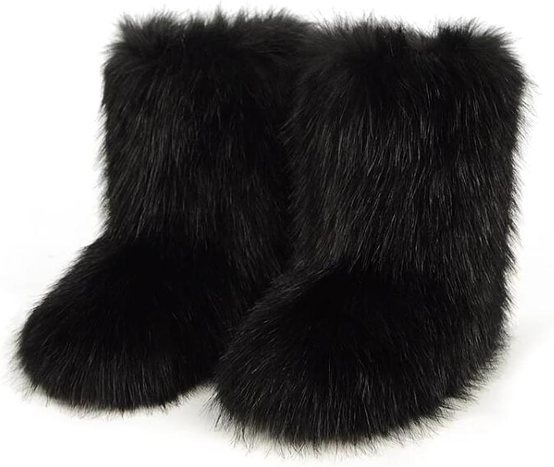 QMFUR Women's Furry Faux Fur Boots Fuzzy Fluffy Mid Calf Snow Boots Suede Warm Fur Lined Booties Flat Fashion Boots (8, Black 1)