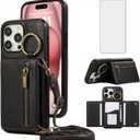 Compatible with iPhone 16 Pro 6.3 inch Wallet Case with Screen Protector and Crossbody Shoulder Strap Ring Buckle Stand Card Holder Cell Phone Cover for i Phone16 i16 16Pro Women Girls Men Black