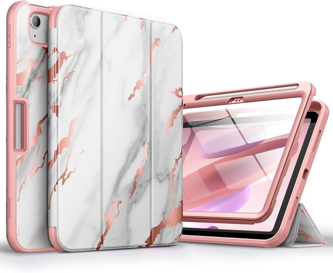 SURITCH Case for iPad (A16) 11th Generation 11 Inch 2025/iPad 10th Generation 10.9 Inch 2022, with Screen Protector, Pencil Holder Tri-fold Stand Auto Wake/Sleep Shockproof Protection, White Marble