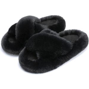 Chantomoo Women's Blue Memory Foam Faux Fur Lined Open Toe Slippers for Women, Size: 11-12