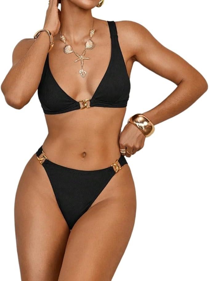 Women Swimsuit Solid Color Bikini Top and Bottom Casual Swimwear Set Sexy Two Piece, M