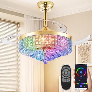 48" Bluetooth Ceiling Fan with Light and Speaker,RGB Retractable Blades Crystal Fandelier Music Player LED Chandelier 6-Speed APP Control Timer Remote Control for Bedroom Gold