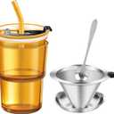 380ml Single-Serve Full Immersion Coffee Brewer, Thick Glass Brewing Cup with Reusable 600-Mesh Stainless Steel Filter, Portable Hot Brew Maker with Lid, Straw & Stirring Spoon(Amber)