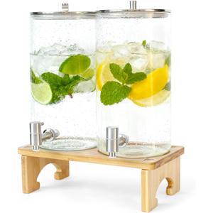 2 Pack 1.5 Gallon Drink dispenser with StandGlass Beverage Dispenser With Wood Stand, 18/8 Stainless Steel Spigot and Labels Large Water Drink Dispensers for Parties, Lemonade,Juice, Tea