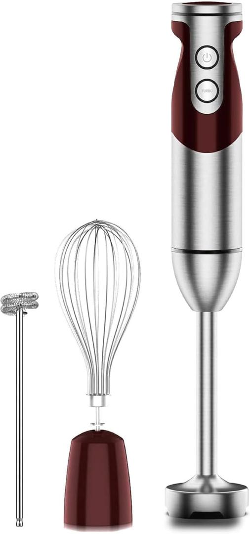 3- in-1 Immersion Hand blender, Powerful MOTOR & Stainless Steel Stick Blender, 4 Sharp Blades with Whisk, Milk Frother Attachments (Red)