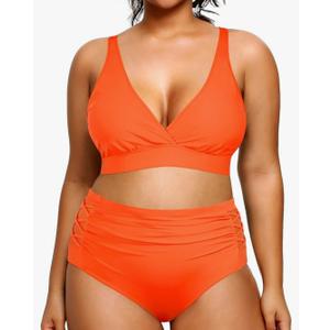 Yonique Womens Plus Size Bikini High Waisted Swimsuits Two Piece Bathing Suits Tummy Control Swimwear, 26W, Orange