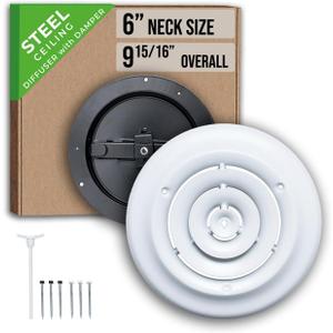 Fits 6 Inch Neck Air Duct | Steel Round Air Supply Diffuser for Ceiling by Handua | 6" Neck Steel Butterfly Damper&Handle Included | Round Diffuser Vent Cover | White | Outer Dimension: 9-15/16"