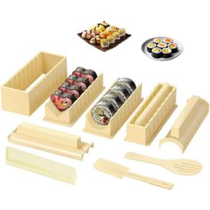 Sushi Making Kit, Sushi Maker 10 Pcs Plastic Sushi Tool Set Sushi Rice Roll Mold Shapes, DIY Sushi Roller Tool for Home (Beige)