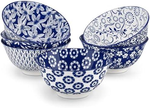 vancasso SELENE 24 oz Cereal Bowls set of 5, Ceramic Soup Bowls for Kitchen, Dishwasher & Microwave Oven Safe- for Cereal, Soup, Pasta, Salad, Blue & White Floral Design Bowl Set