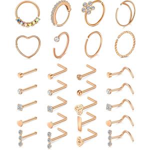 Mayhoop 20g Nose Rings Hoops And Studs For Women Men - Hypoallergenic 316L Surgical Stainless Steel L Shape Nose Screw Bone Silver Rose Gold Black Rainbow Pack 28Pcs