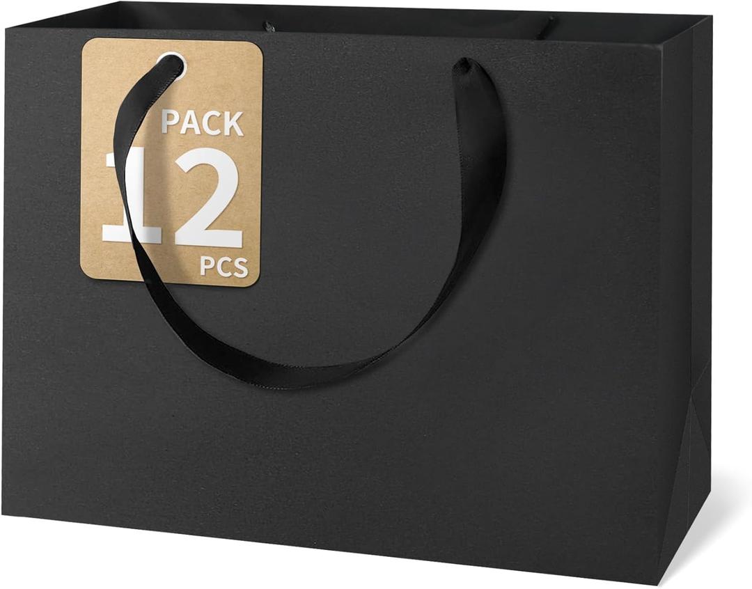 Black Gift Bags With Handles, 12.5x4.5x11 Inch Sturdy Kraft Paper Gift Bags 12 Pcs, Bulk for Wedding, Party, Birthday, Business and Shopping, Large Size