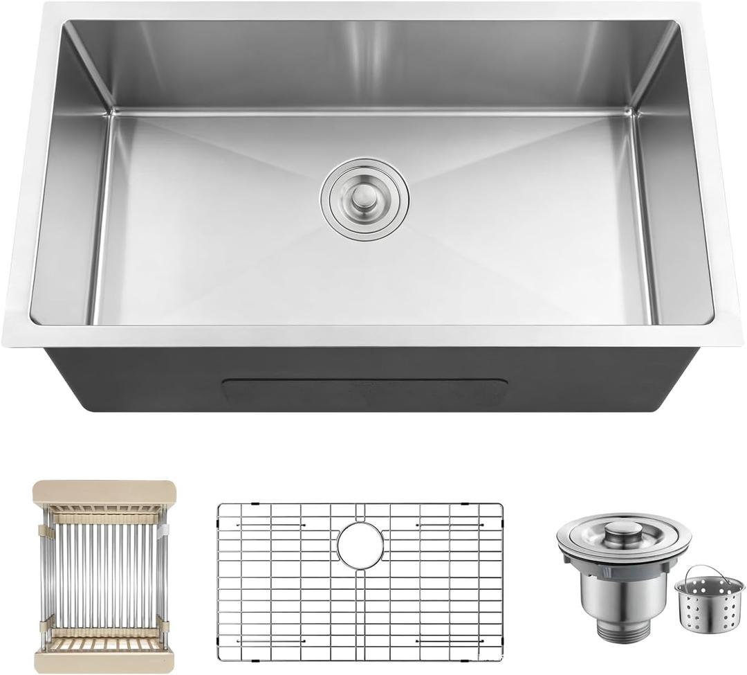 32 Inch Undermount Kitchen Sink, 32x19x8" Single Bowl Stainless Steel Handmade 16 Gauge Under Counter Kitchen Sink Basin