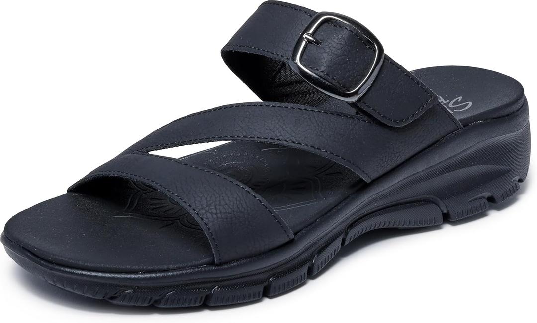 Skechers Women's EASY GOING - SLIDE ON BY casual sandal, Black/Black 8 M