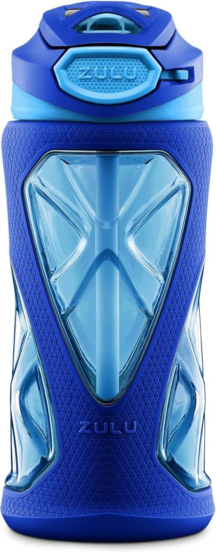 ZULU Torque 16oz Plastic Kids Water Bottle with Silicone Sleeve and Leak-Proof Locking Flip Lid, Soft Touch Carry Loop for School Backpack, Lunchbox, BPA-Free Dishwasher Safe, Mojo Blue