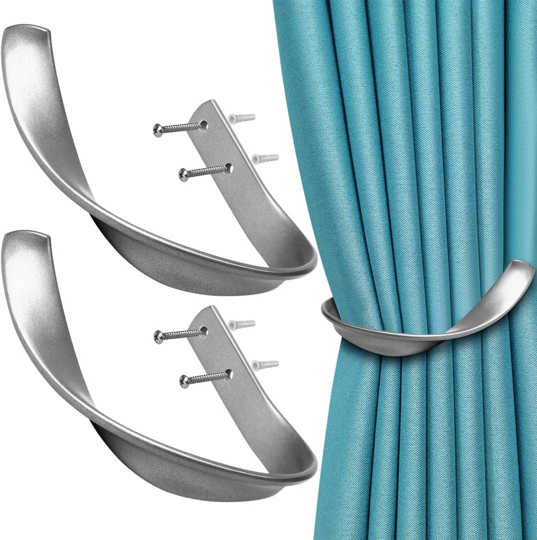 Curtain Holdbacks Hooks Holders for Drapes Wall Mounted, Decorative Aluminum Alloy Curtain Tiebacks Drapery Holdbacks with Screws for Window Dcor Silver (2 pack)