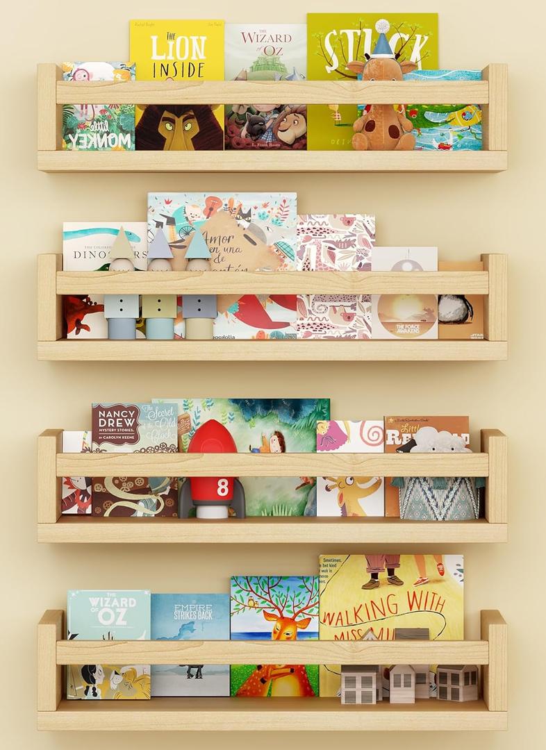 Onlysky Set of 4 Wall-Mounted Kid's Bookshelf - Wood Floating Nursery Book Shelves - Durable Wood Construction - Ideal for Nursery Decor, Kids Room, Toy Storage (16.5 Inches)