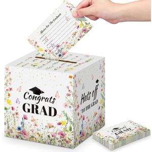 Gueevin 2026 Graduation Card Box Holder Party Decorations Wildflower Congrats Grad Card Box with 50 Pcs Advice Cards Class of 2026 Graduation Party Decorations Supplies
