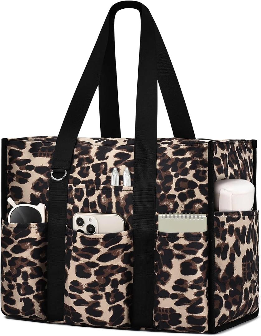 Becokan Large Tote Bag for Women Waterproof with 12 Pockets Top Zipper Closure Utility Teacher Nurse Bags for Work School (Khaki Leopard)