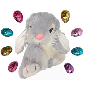 Dan Dee Collector's Choice Easter Bunny Gray White Bow Plush Stuffed Animal 7.5 and Glitter Easter Eggs (Multicolor, 8pcs)