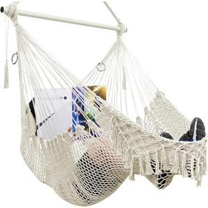 Hammock Chair, Cotton Rope Handwoven Chair with Collapsible Metal Spreader Bar Max 330 LBS for Indoor&Outdoor, Patio, Garden, Yard (Beige)