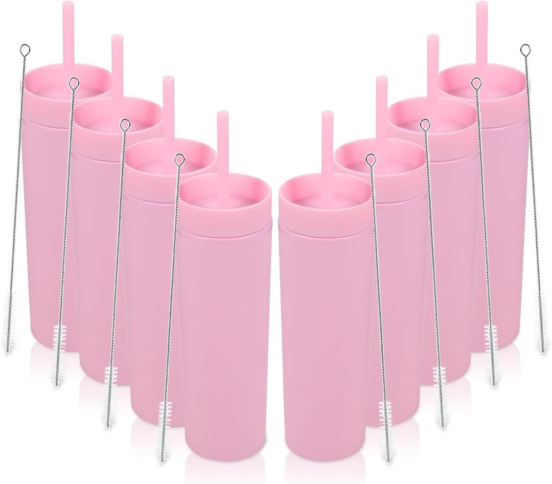 Volhoply 16oz Plastic Skinny Tumbler with Lid and Straw Bulk 8 Pack,Insulated Double Wall BPA Free Matte Acrylic Tumblers,Iced Coffee Travel Mug Reusable Party Cup,Customizable Diy Gifts (Pink,8 Set)